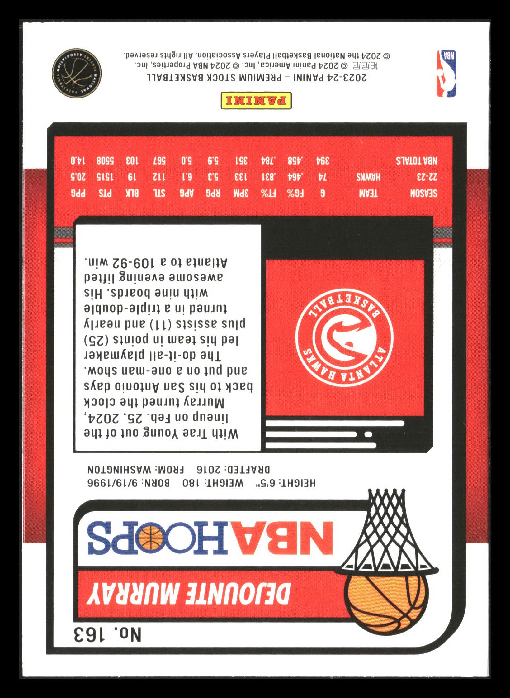 2023-24 Hoops Premium Stock #163 Dejounte Murray