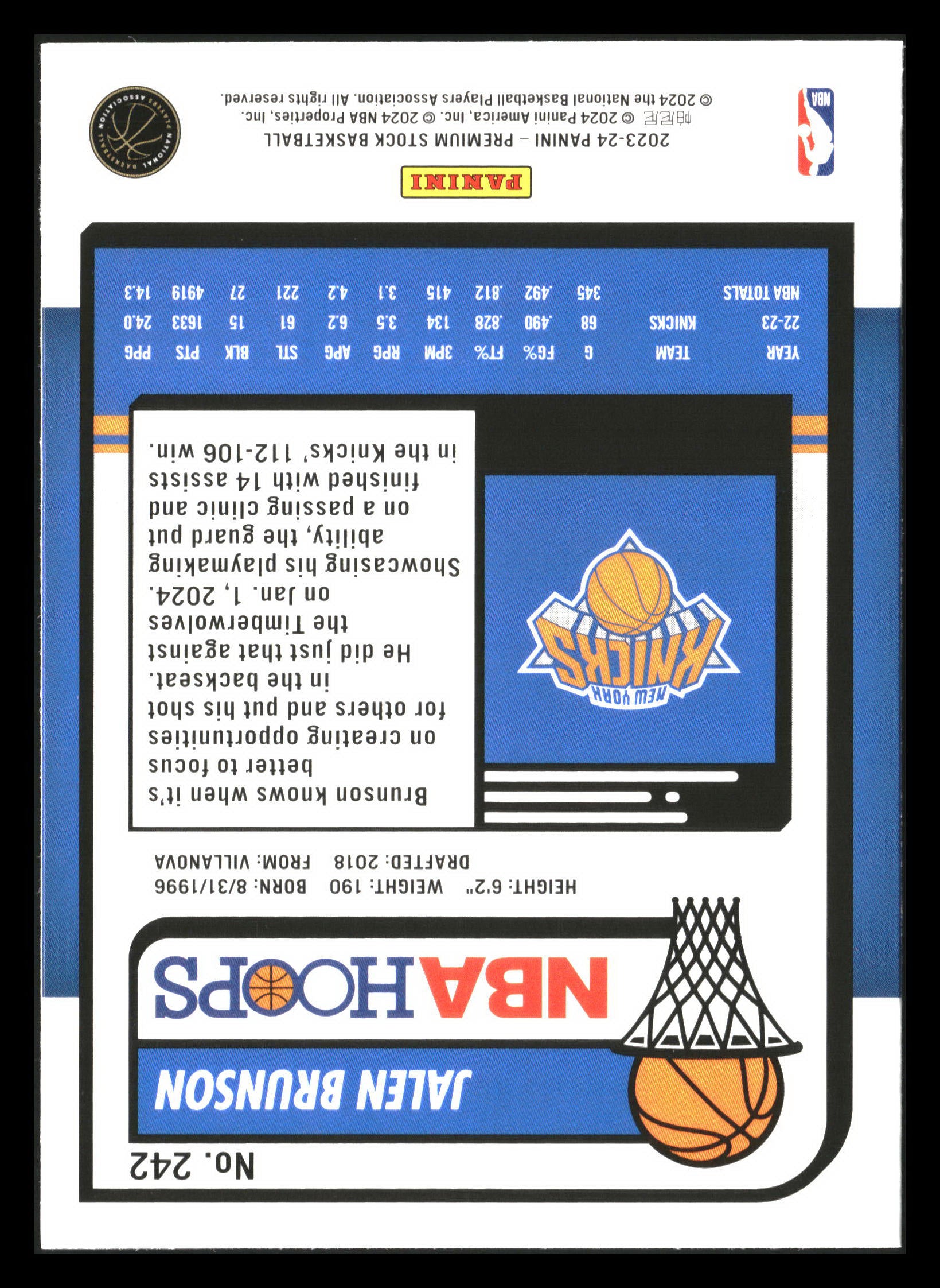 2023-24 Hoops Premium Stock #242 Jalen Brunson