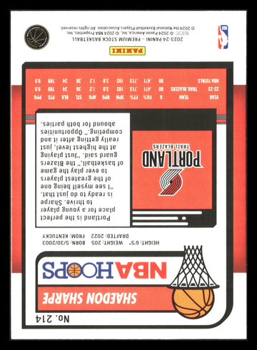 2023-24 Hoops Premium Stock #214 Shaedon Sharpe
