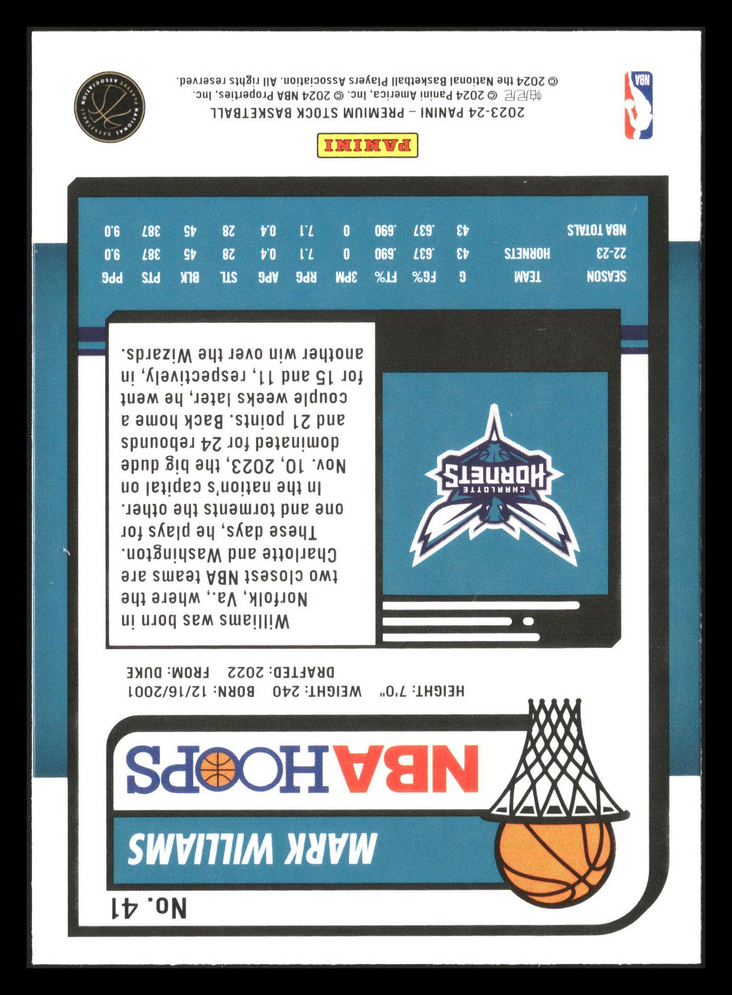 2023-24 Hoops Premium Stock #41 Mark Williams