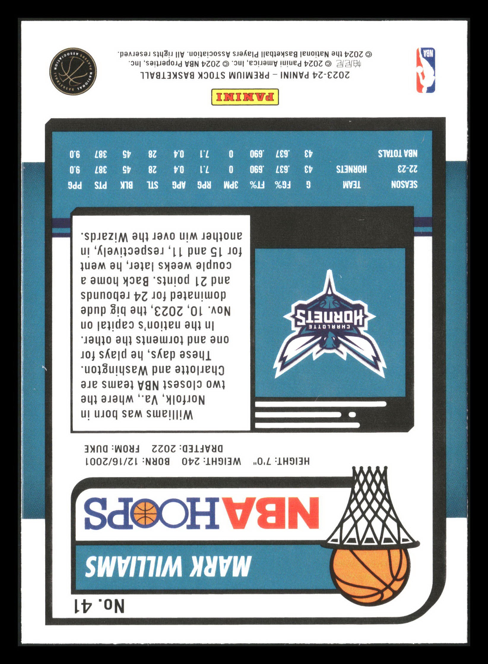 2023-24 Hoops Premium Stock #41 Mark Williams