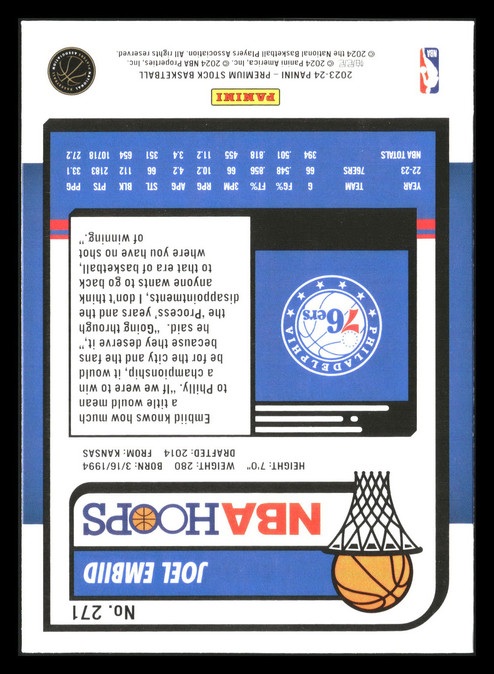 2023-24 Hoops Premium Stock #271 Joel Embiid