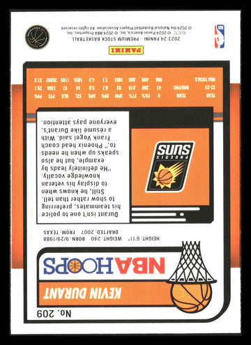 2023-24 Hoops Premium Stock #209 Kevin Durant