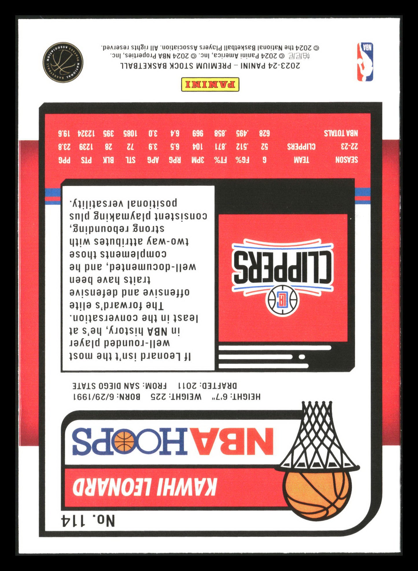 2023-24 Hoops Premium Stock #114 Kawhi Leonard