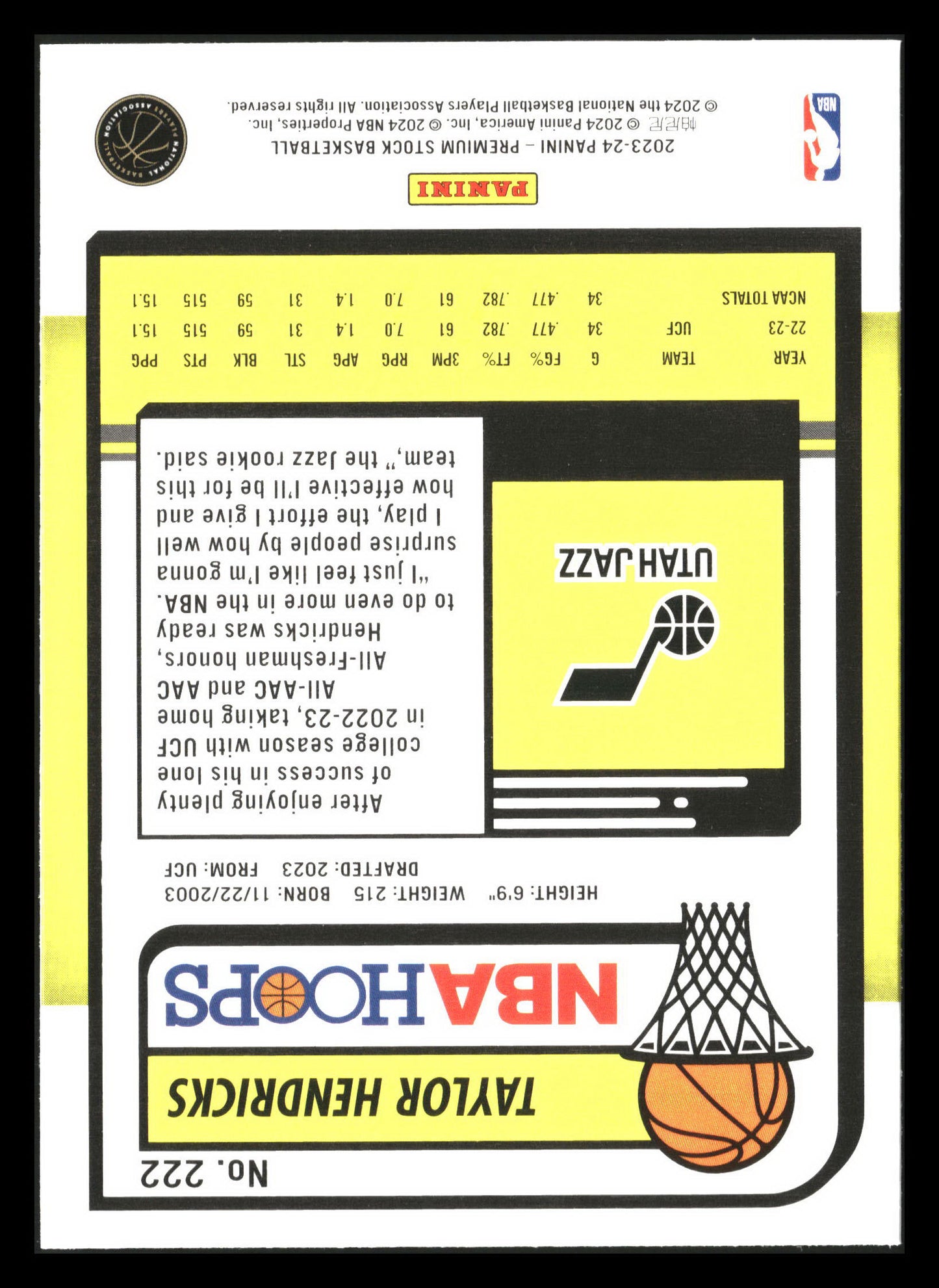 2023-24 Hoops Premium Stock #222 Taylor Hendricks