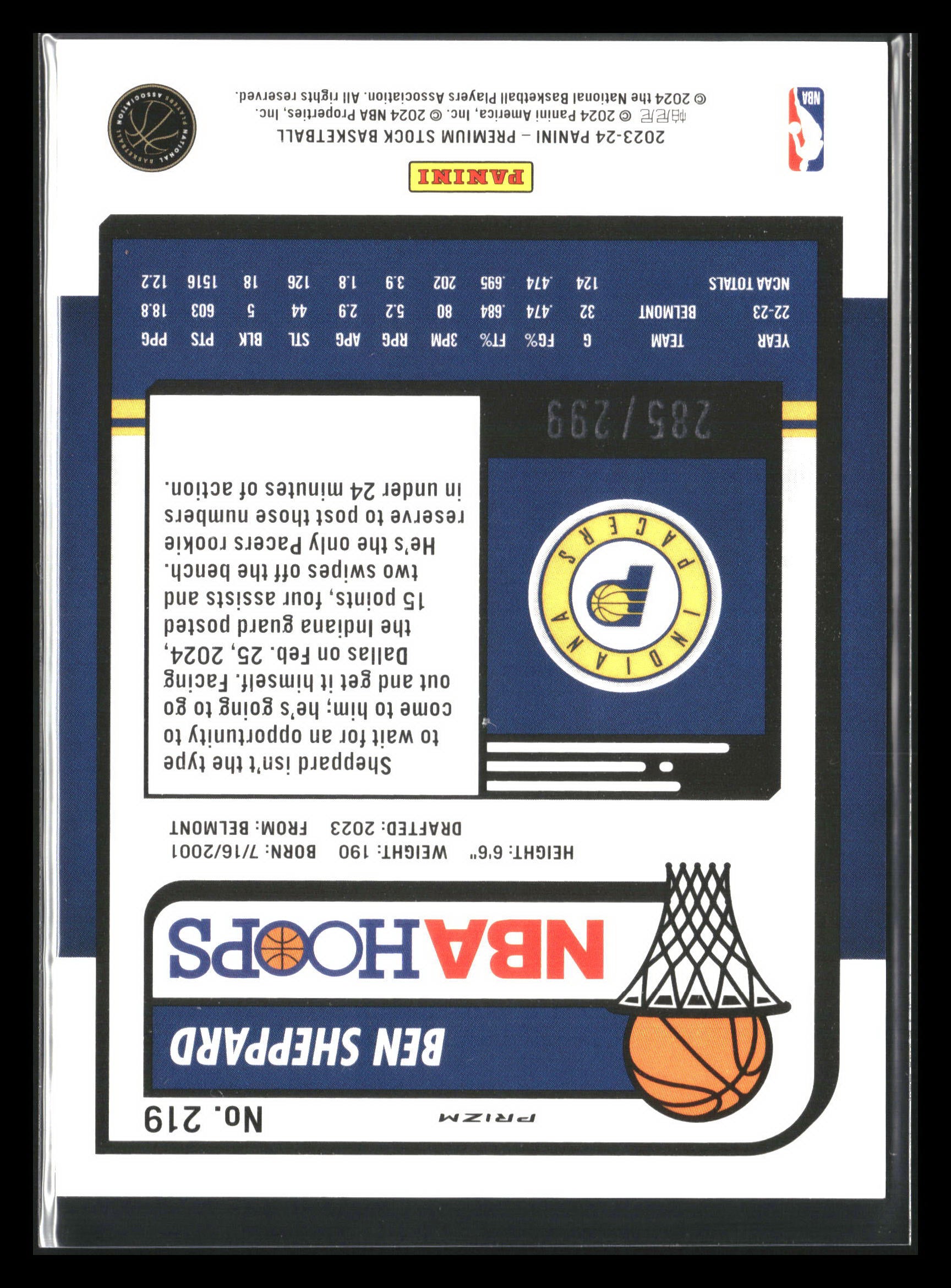 BEN SHEPPARD 2023-24 Hoops Premium Stock Orange Rookie Prizm /299 Pacers