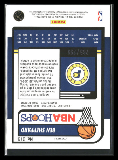 BEN SHEPPARD 2023-24 Hoops Premium Stock Orange Rookie Prizm /299 Pacers
