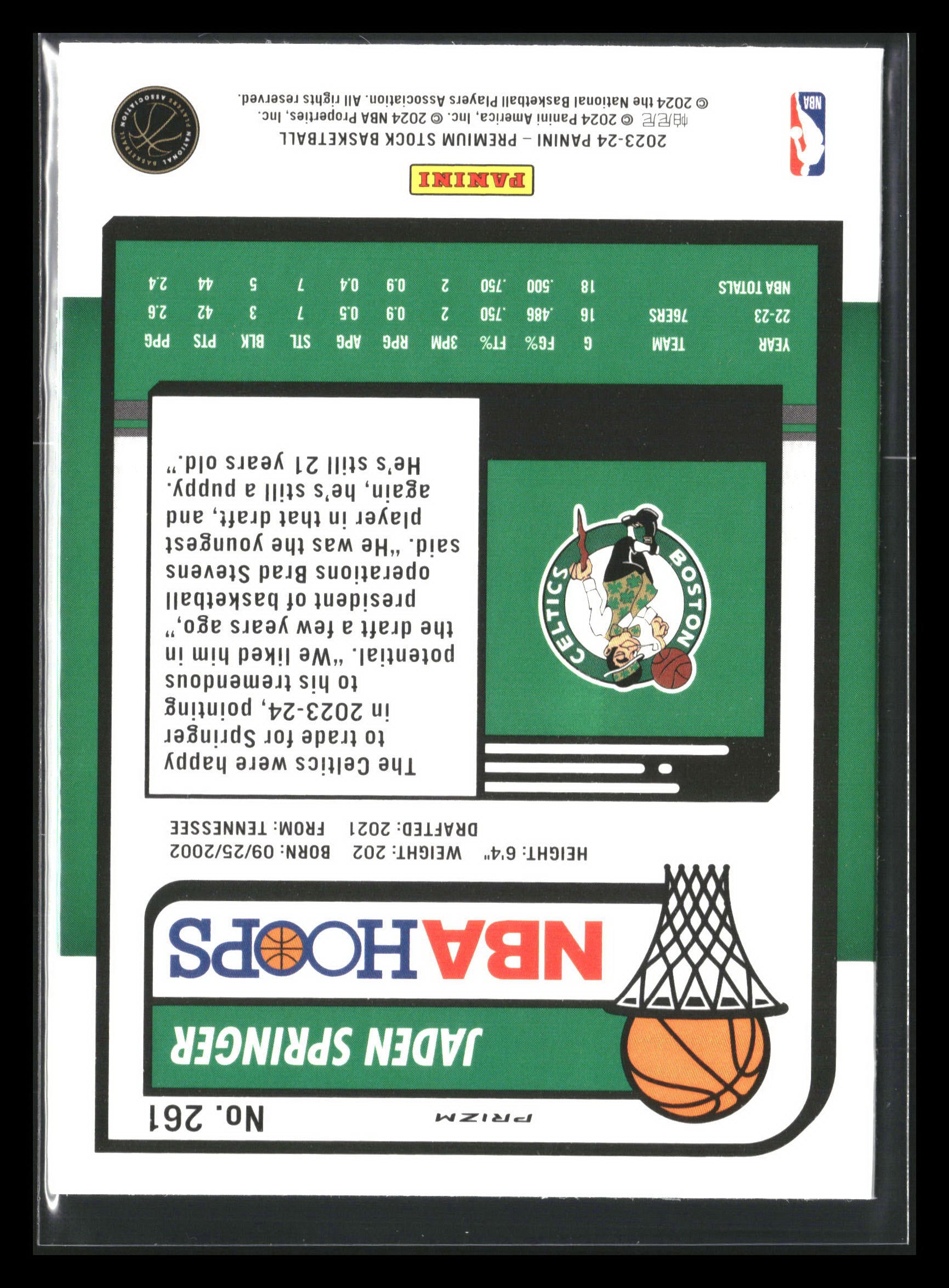 2023-24 NBA Hoops Premium Stock JADEN SPRINGER Seismic Prizm #261 Celtics