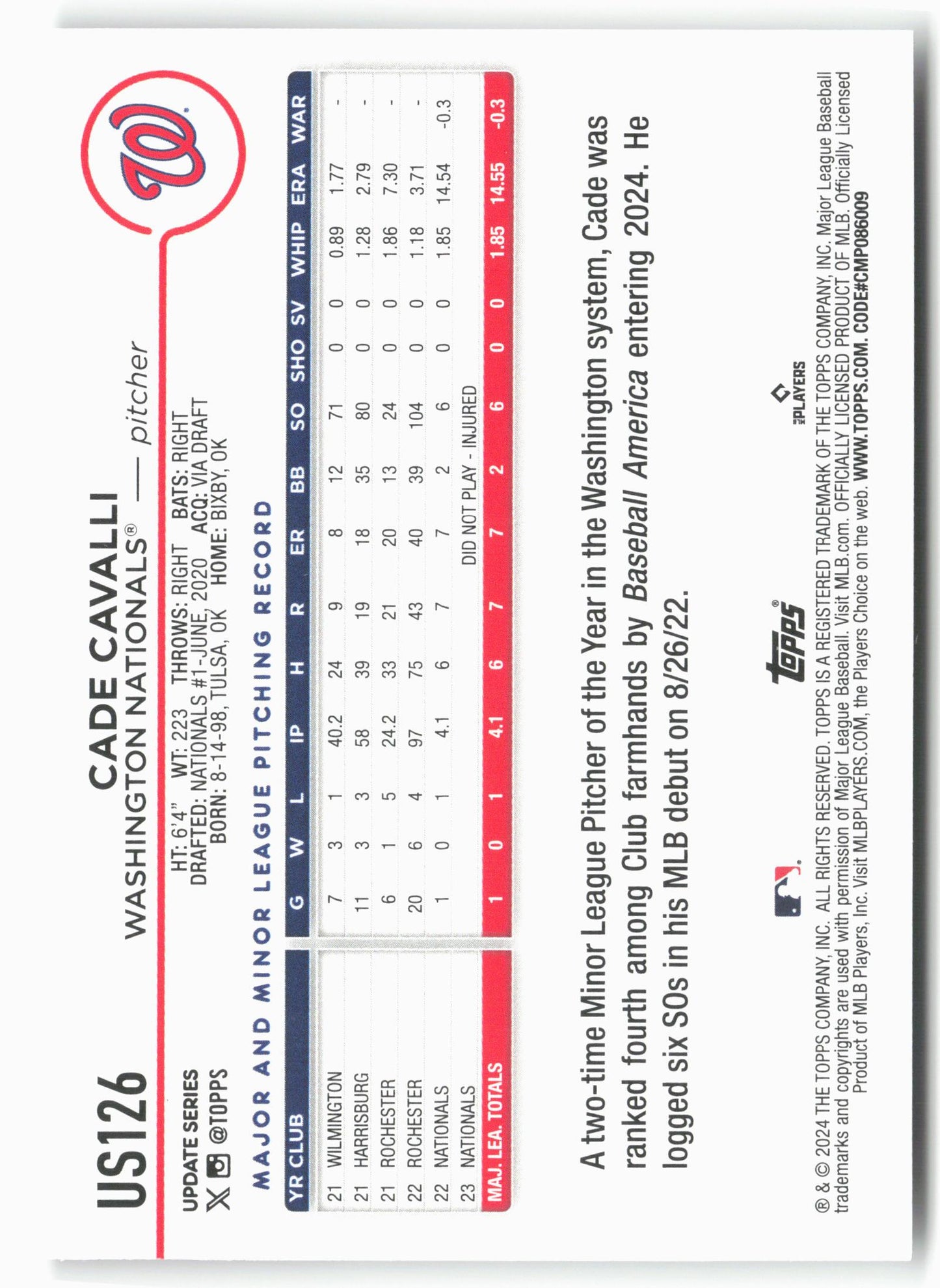 2024 Topps Update #US126 Cade Cavalli