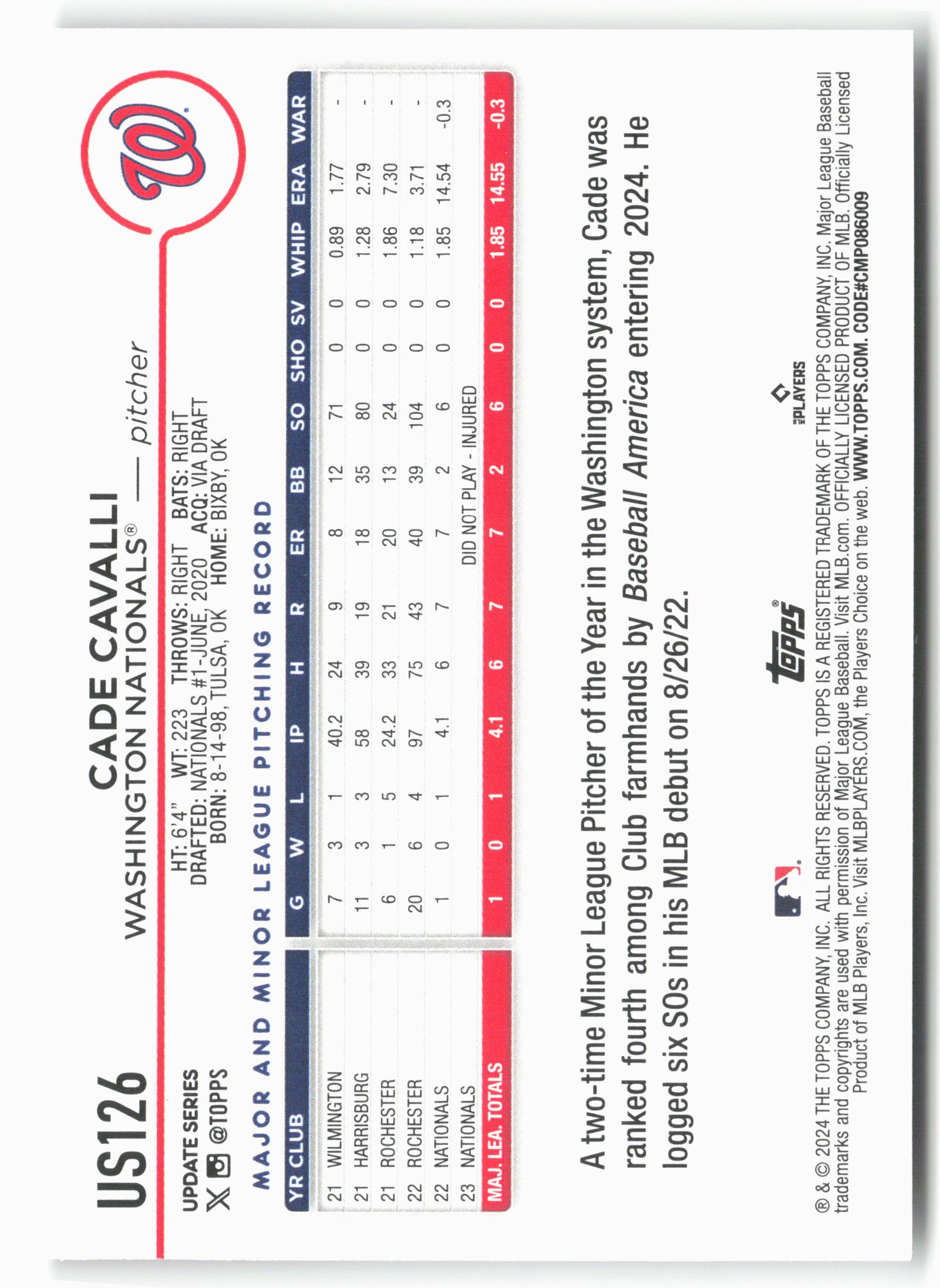 2024 Topps Update #US126 Cade Cavalli