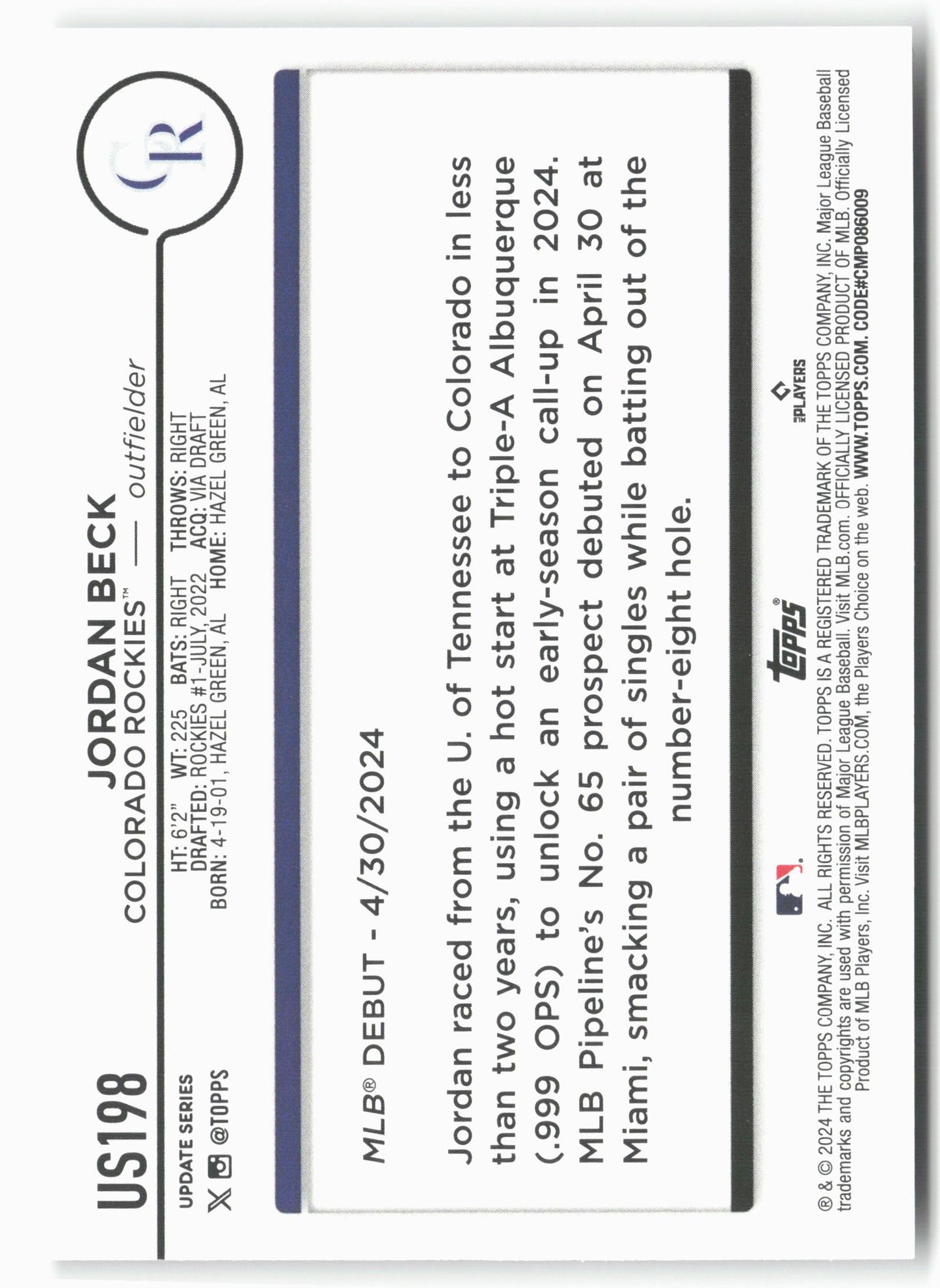 2024 Topps Update #US198 Jordan Beck