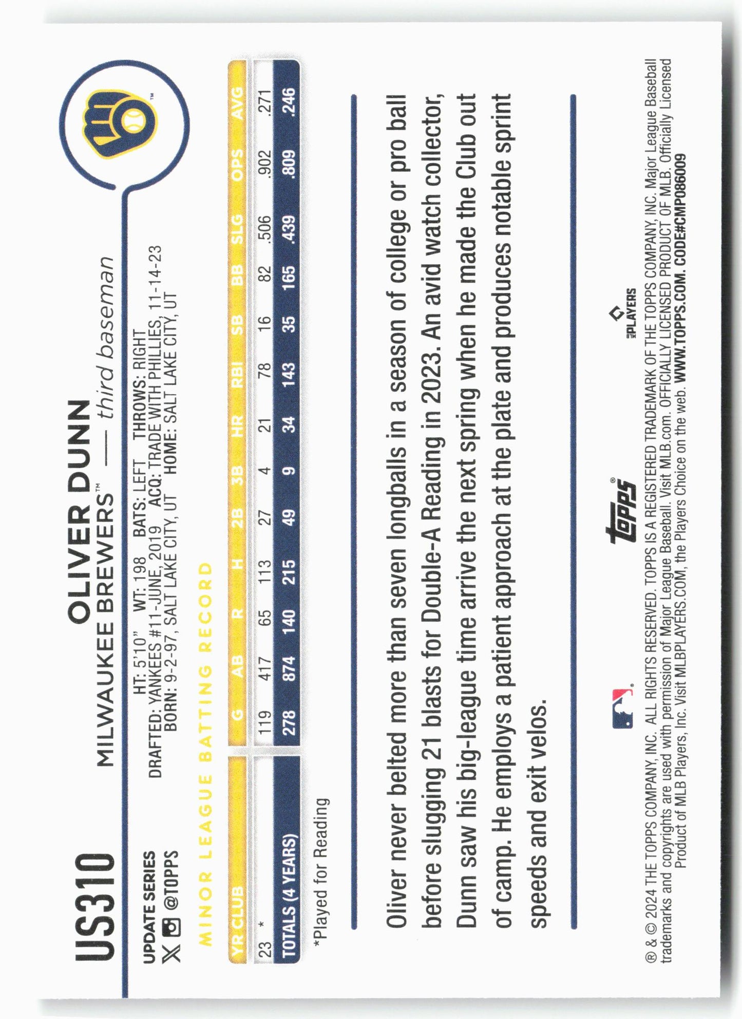 2024 Topps Update #US310 Oliver Dunn