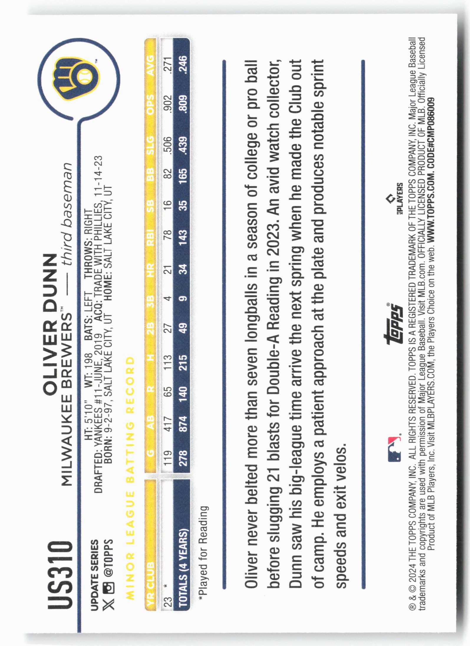 2024 Topps Update #US310 Oliver Dunn