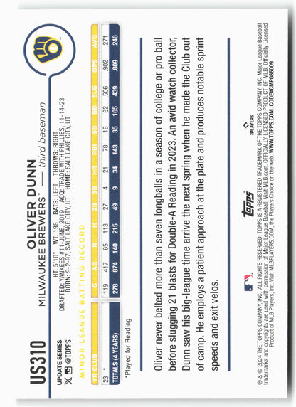 2024 Topps Update #US310 Oliver Dunn