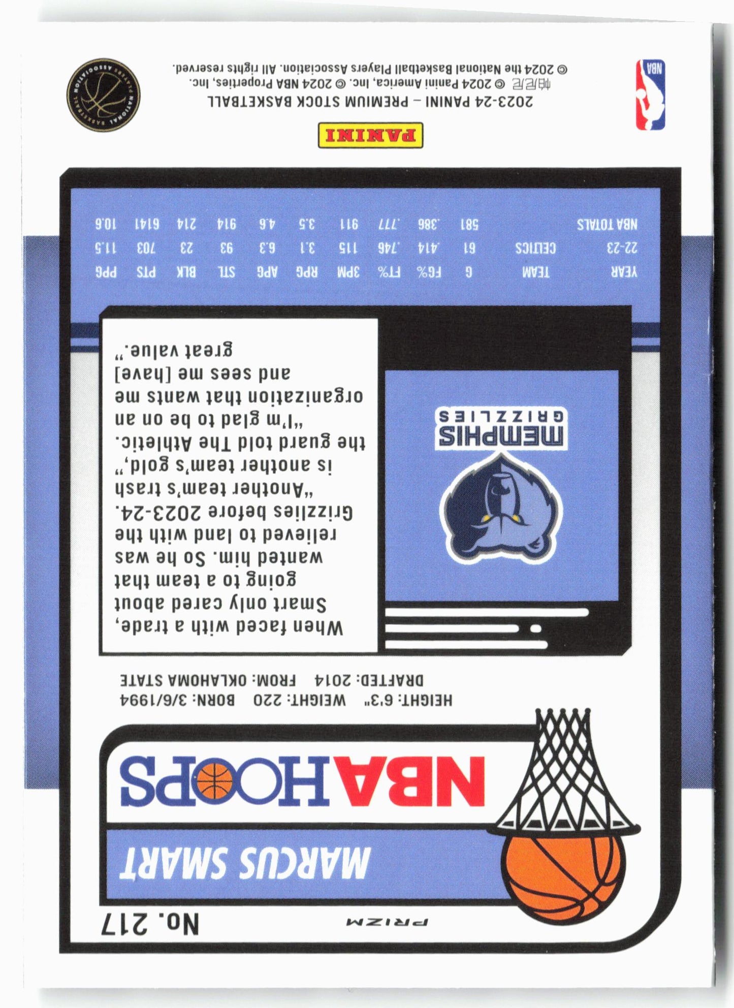 2023-24 Panini Premium Stock #217 Marcus Smart Seismic Prizm