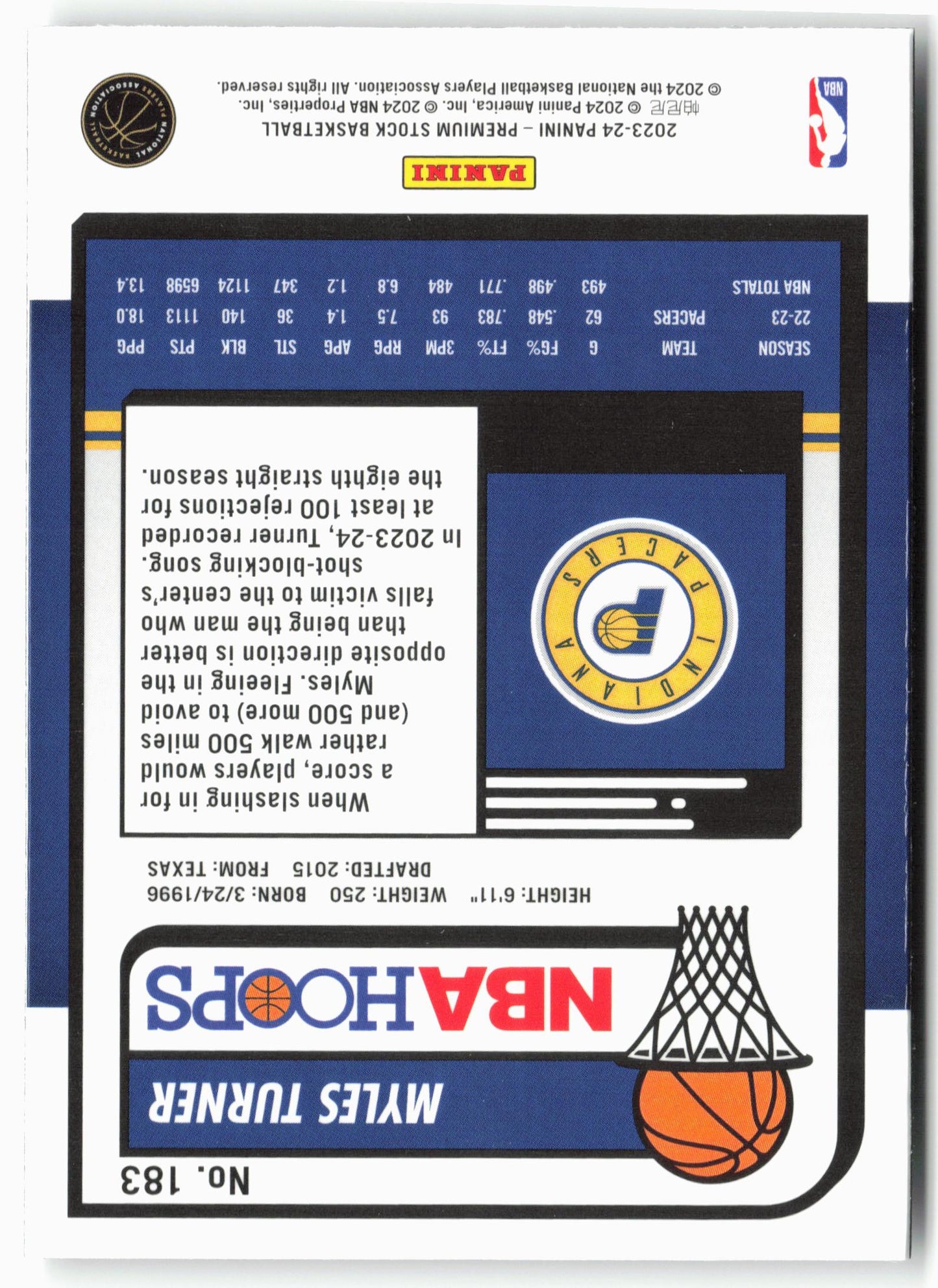 2023-24 Panini Premium Stock #183 Myles Turner