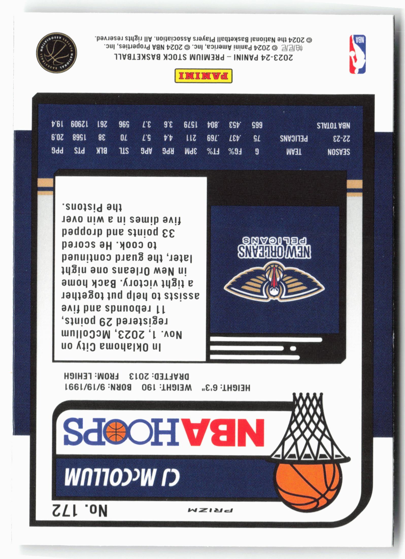 2023-24 Panini Premium Stock #172 CJ McCollum Ice Prizm