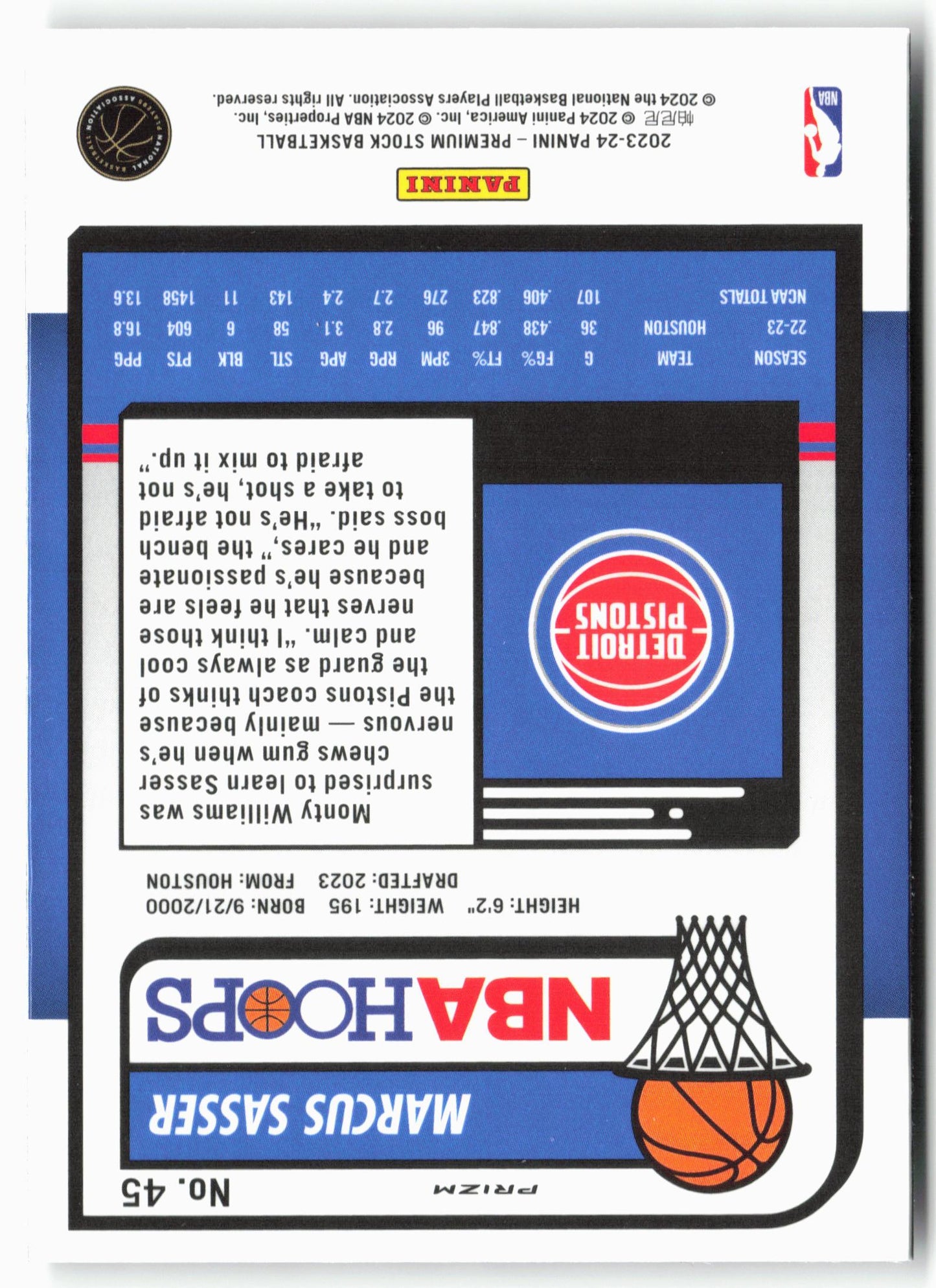 2023-24 Panini Premium Stock #45 Marcus Sasser Ice Prizm