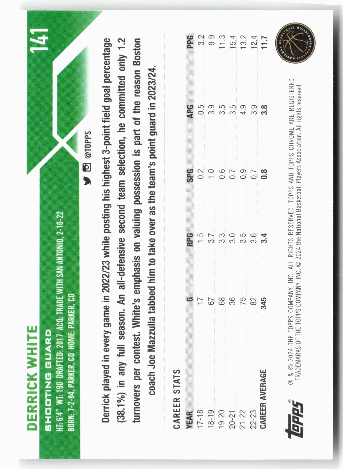 2023-24 Topps Chrome #141 Derrick White