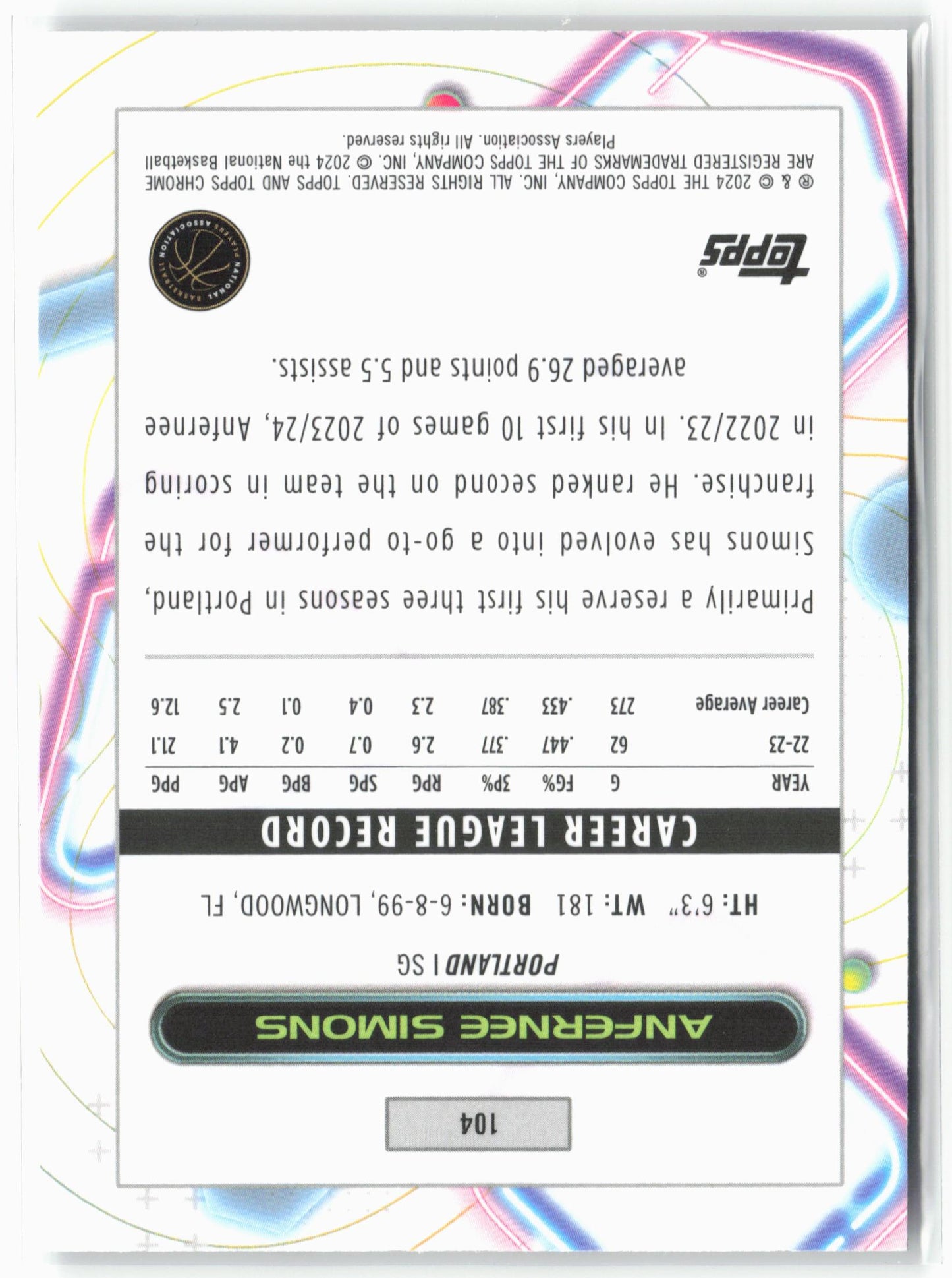 2023-24 Topps Chrome Cosmic #104 Anfernee Simons Nucleus Refractors