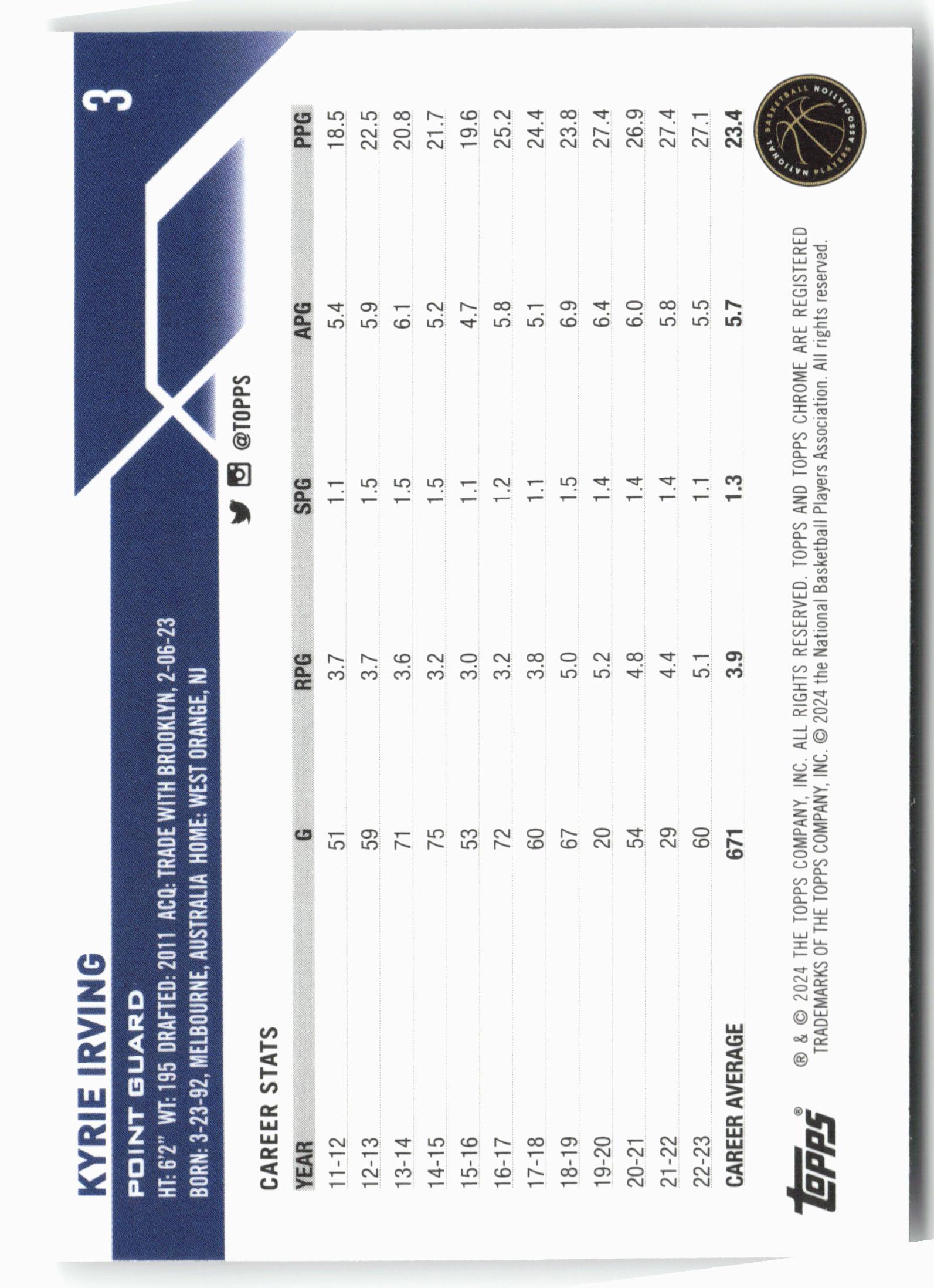 2023-24 Topps Chrome #3 Kyrie Irving