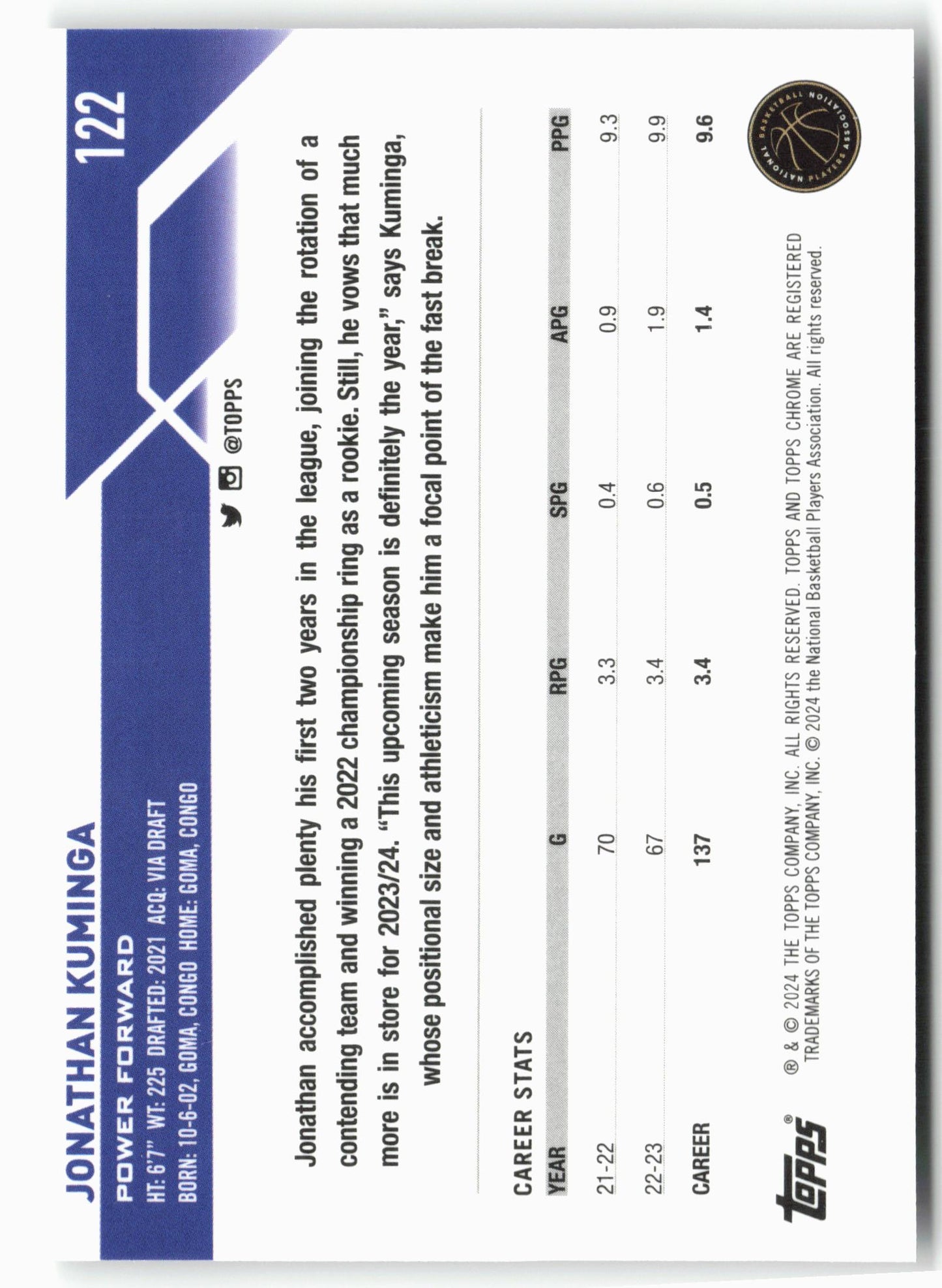 2023-24 Topps Chrome #122 Jonathan Kuminga
