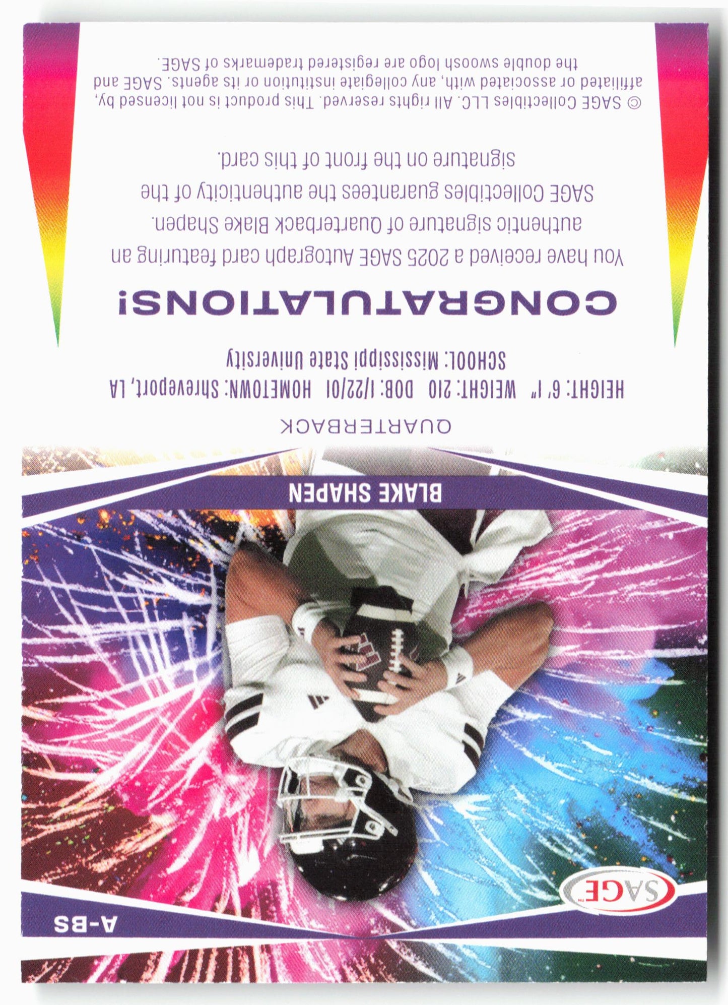 2025 SAGE HIT Low Series #A-BS Blake Shapen Autographs Silver