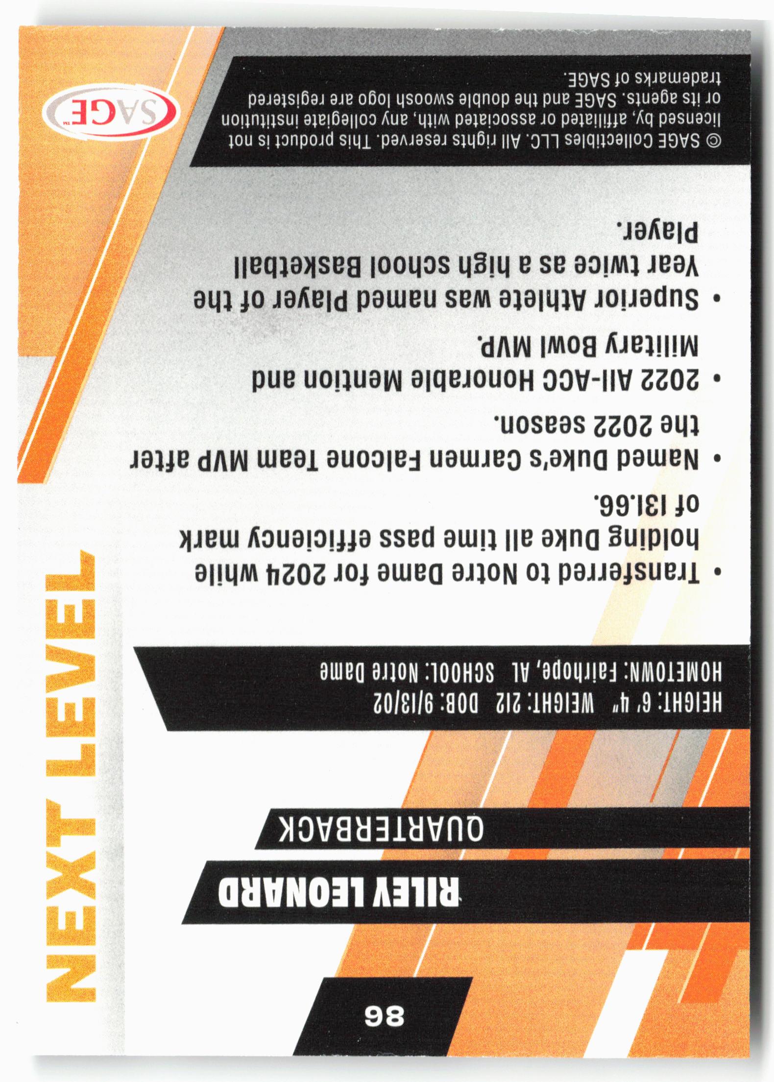 2025 SAGE HIT Low Series #86 Riley Leonard