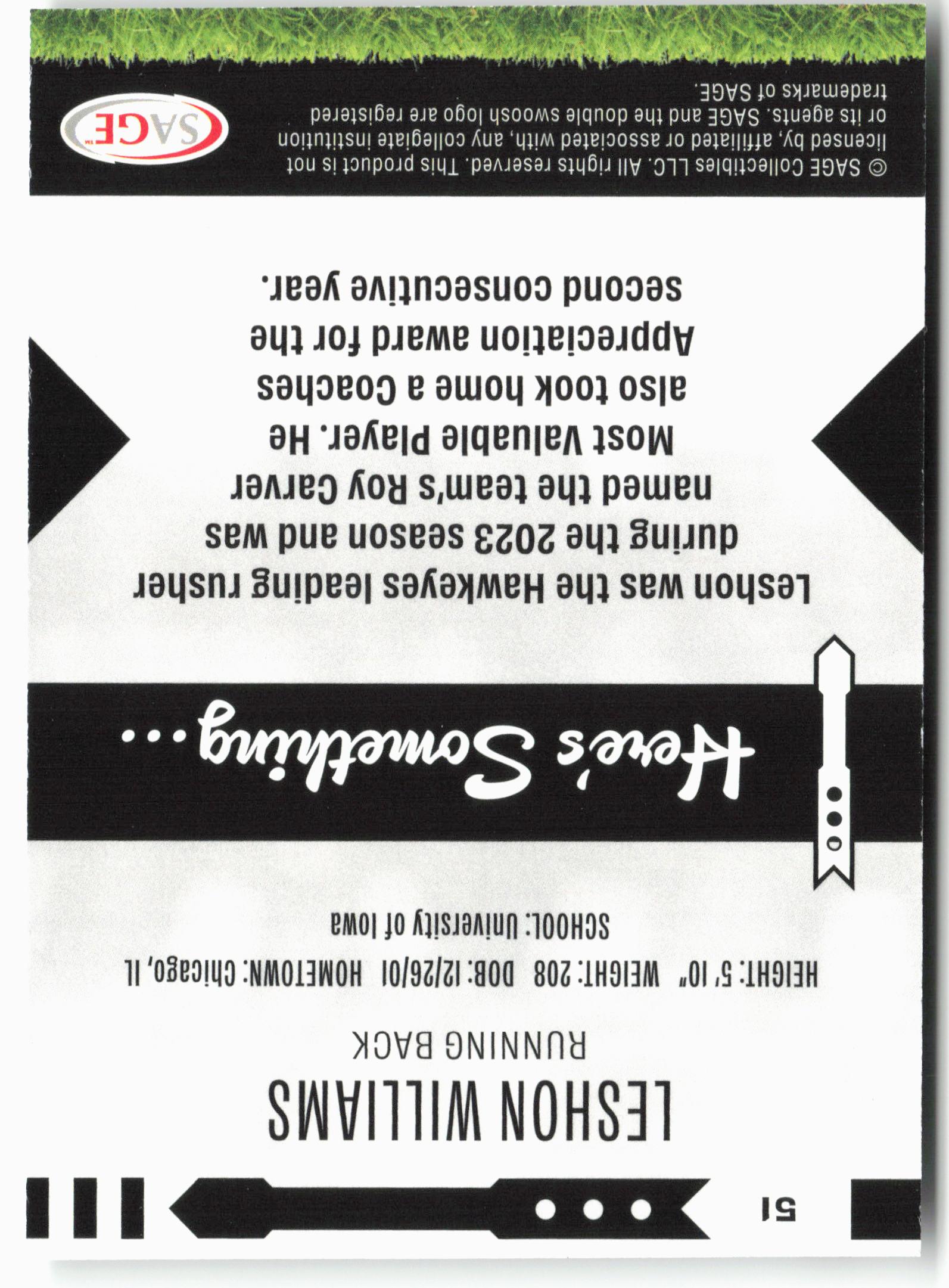 2025 SAGE HIT Low Series #51 Leshon Williams Gold