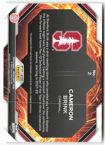 
2024 Panini Prizm Draft Picks #2 Cameron Brink Fireworks Hyper Prizms