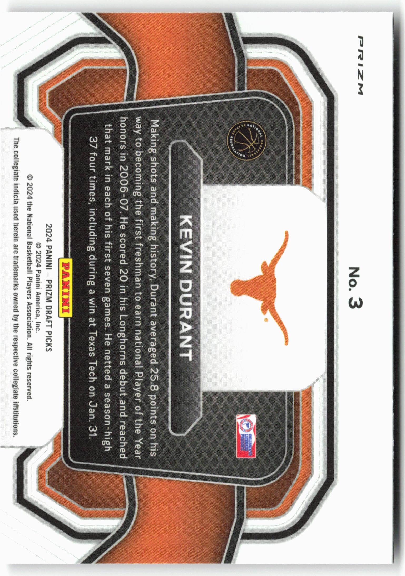 2024 KEVIN DURANT PANINI PRIZM DRAFT PICKS #3 SNAKESKIN CAMPUS LEGEND