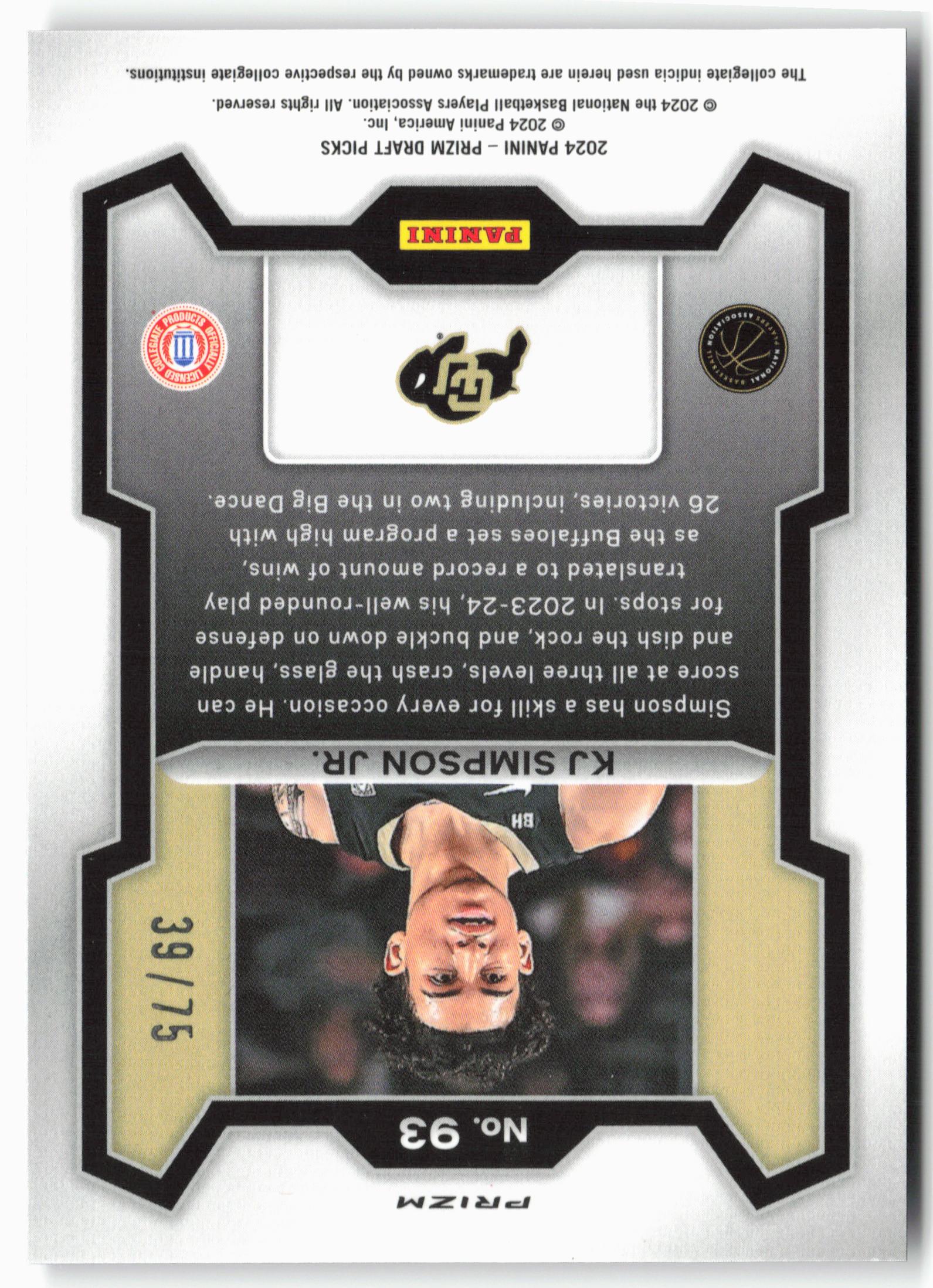 2024 Panini Prizm Draft Picks #93 KJ Simpson Jr. Purple Prizms #/75