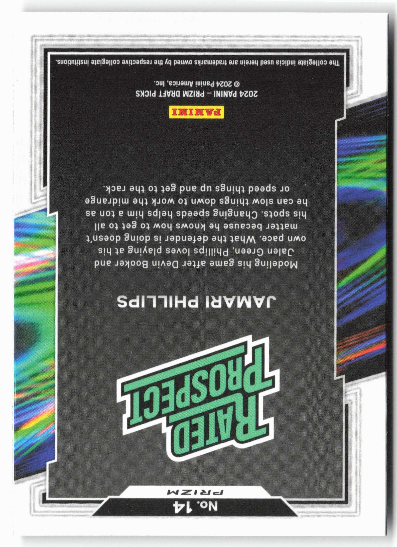 2024 Panini Prizm Draft Picks Jamari Phillips #14 Rated Prospect Purple Wave