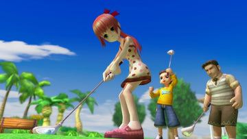 
Super Swing Golf Season 2 | Nintendo Wii | cinematic screenshot | golfer preparing a putt with spectators