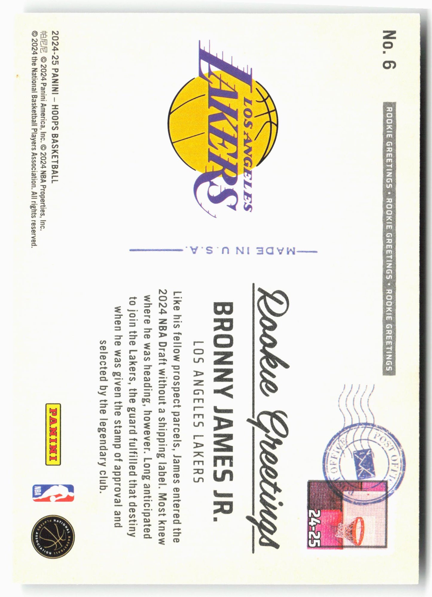 2024-25 Hoops #6 Bronny James Jr. Rookie Greetings