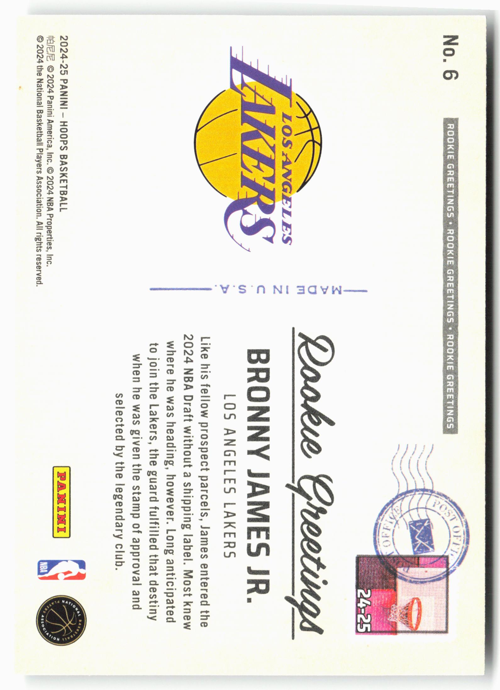 2024-25 Hoops #6 Bronny James Jr. Rookie Greetings