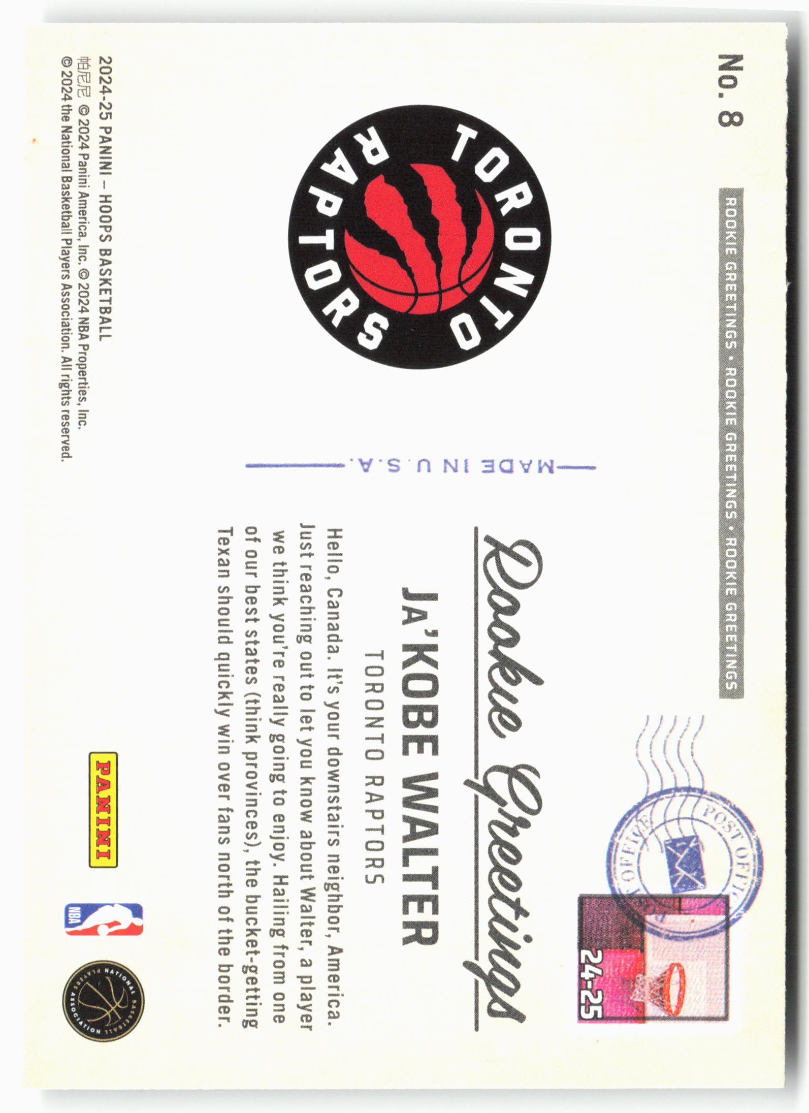 2024-25 Hoops #8 Ja'Kobe Walter Rookie Greetings