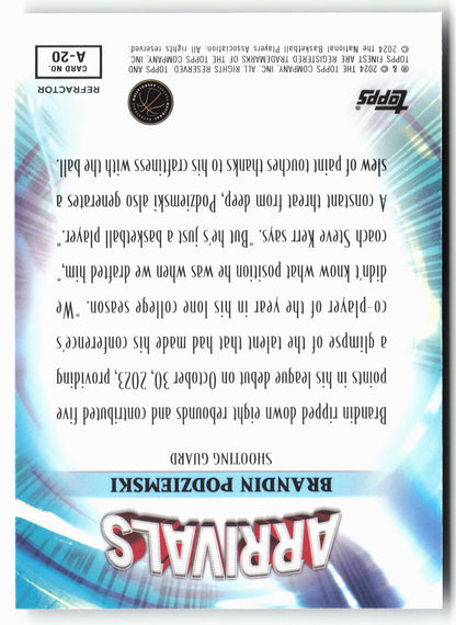 2023-24 Finest #A-20 Brandin Podziemski Arrivals Refractor