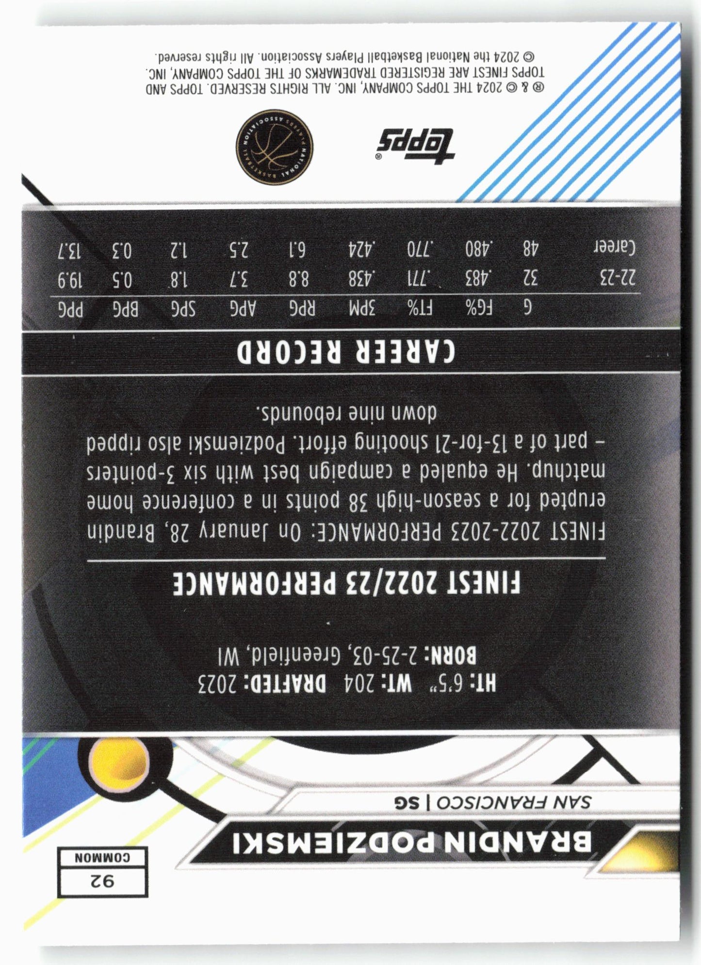 2023-24 Finest #92 Brandin Podziemski Checkerboard Refractors