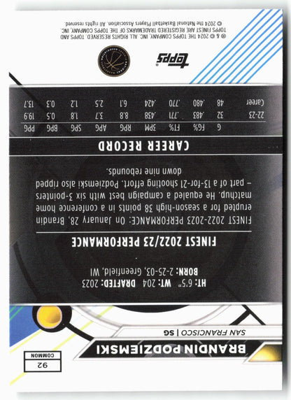 2023-24 Finest #92 Brandin Podziemski Checkerboard Refractors