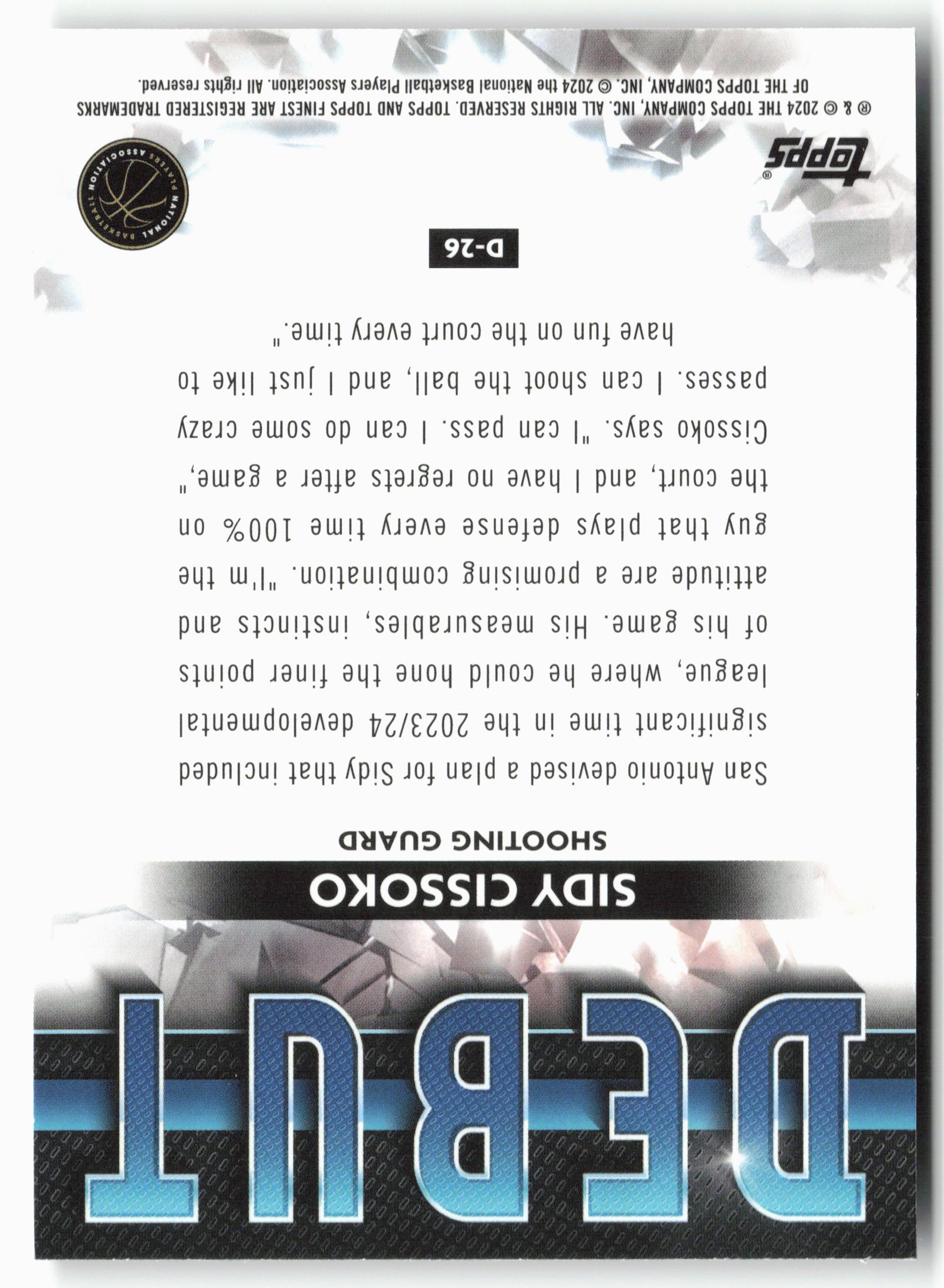 2023-24 Finest #D-26 Sidy Cissoko Debut Checkerboard