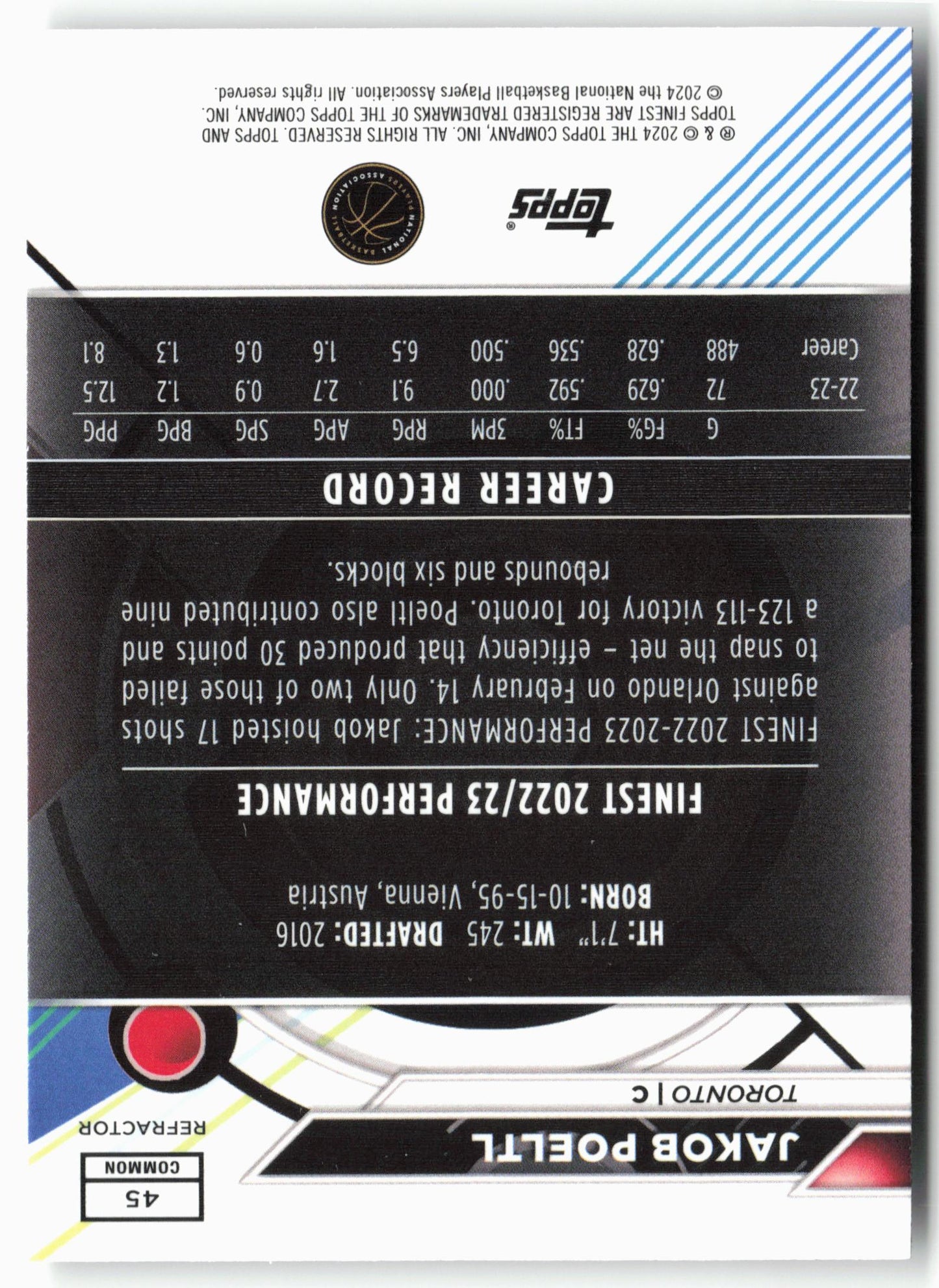 2023-24 Finest #45 Jakob Poeltl Refractors