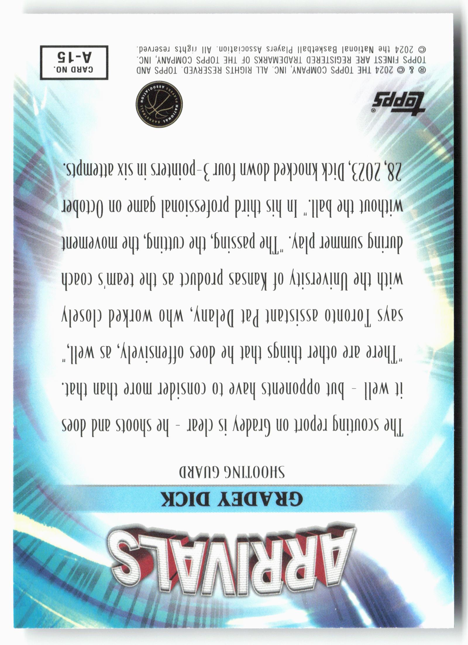 2023-24 Finest #A-15 Gradey Dick Arrivals Checkerboard