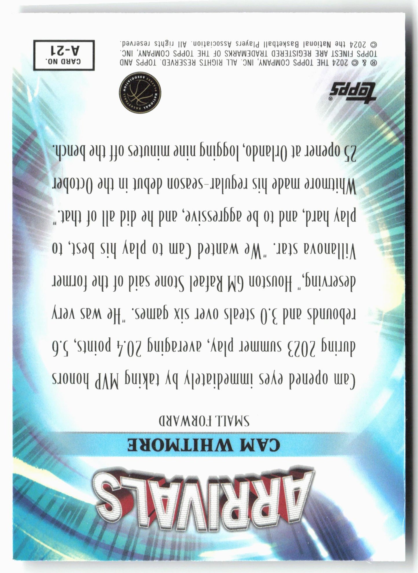 2023-24 Finest #A-21 Cam Whitmore Arrivals Purple Checkerboard /125