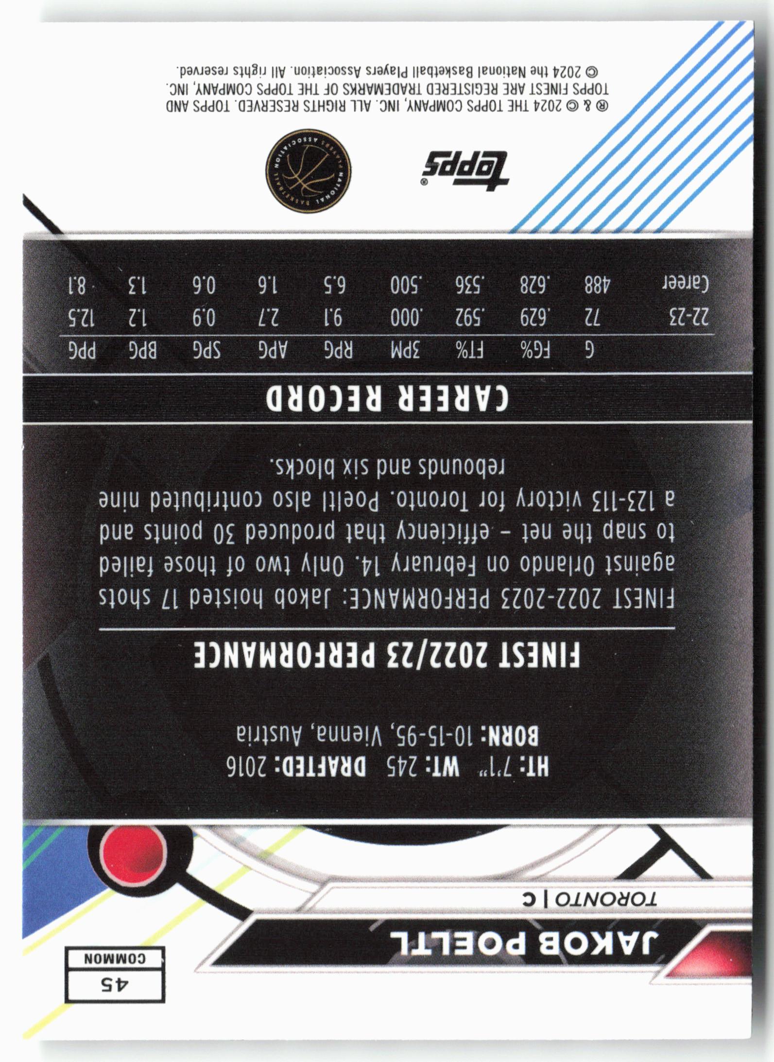 2023-24 Finest #45 Jakob Poeltl Checkerboard Refractors