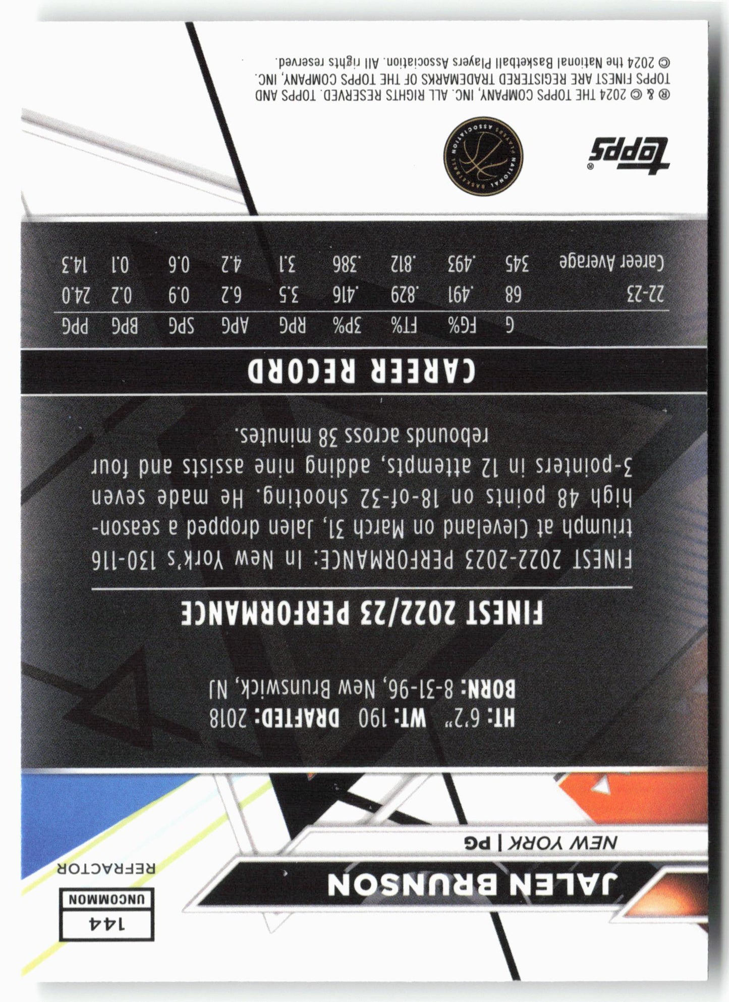 2023-24 Finest #144 Jalen Brunson Refractors