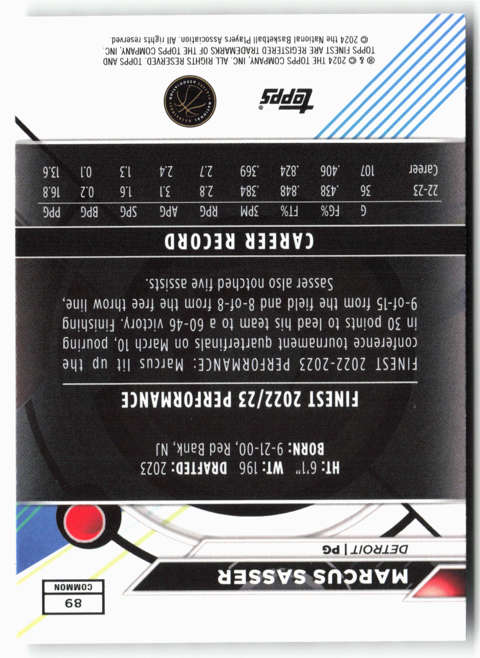 2023-24 Finest #89 Marcus Sasser Checkerboard Refractors