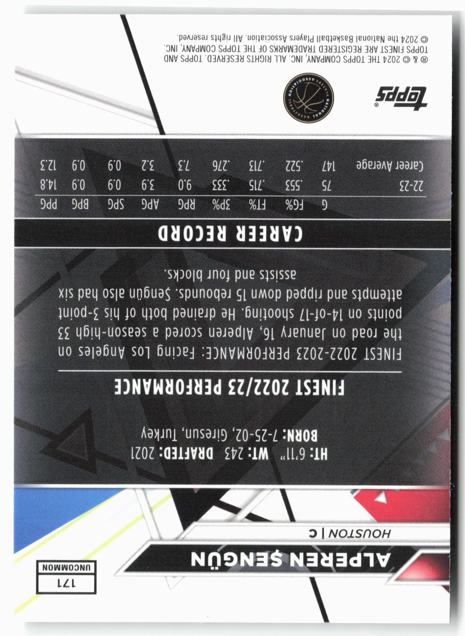 2023-24 Finest #171 Alperen Sengun Checkerboard Refractors