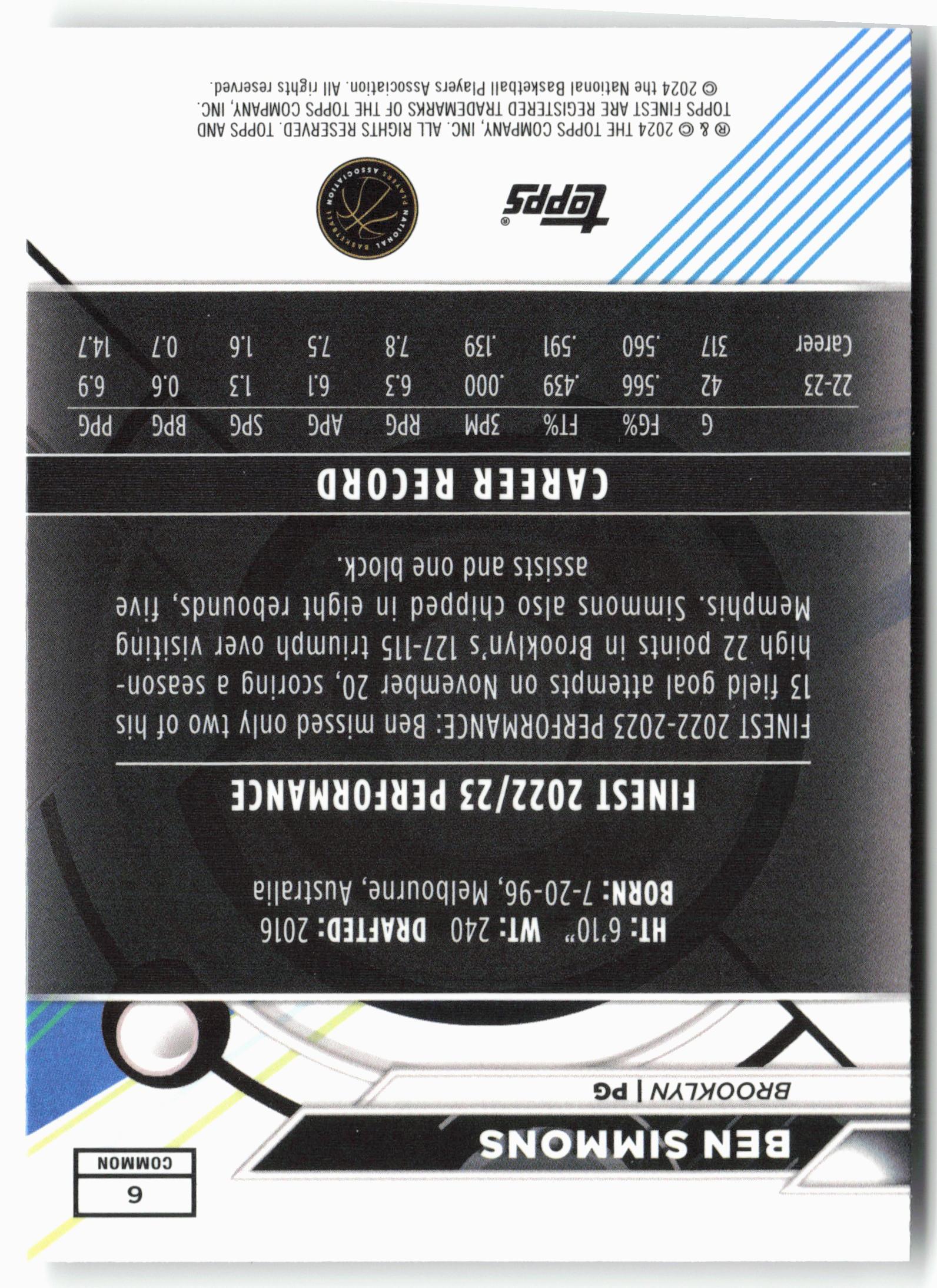 2023-24 Finest #6 Ben Simmons