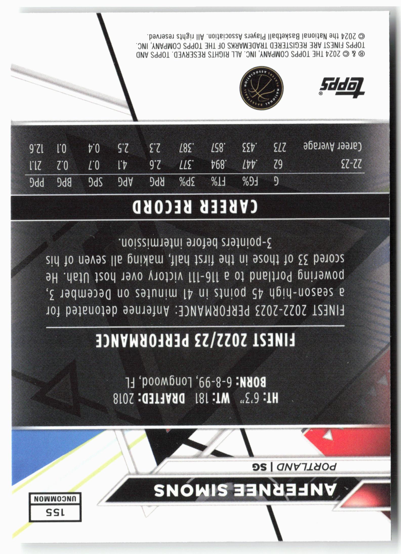 2023-24 Finest #155 Anfernee Simons